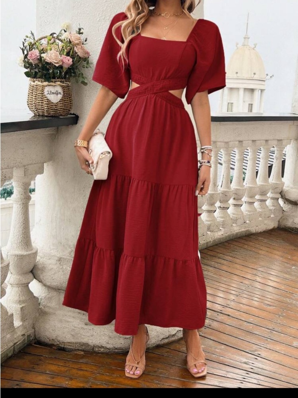 SHEIN Red Maxi Cutout Tiered Dress